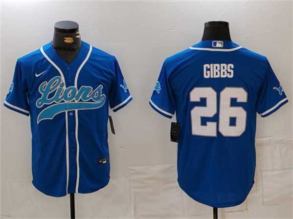 Men%27s Detroit Lions #26 Jahmyr Gibbs Blue Cool Base Stitched Baseball Jersey
